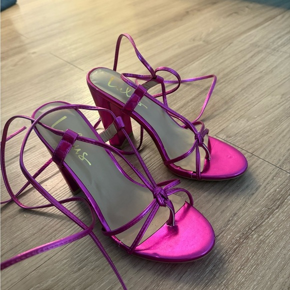 Lulus Hot Pink Metallic Lace Up Heels - Picture 3 of 6